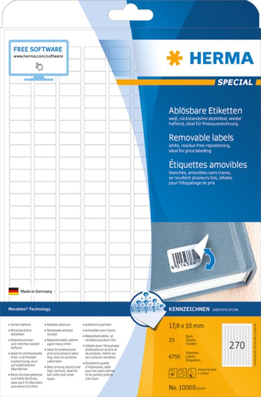 MOVABLES avtagbare etiketter, 25 ark, 17.8x10 (6750 stk)