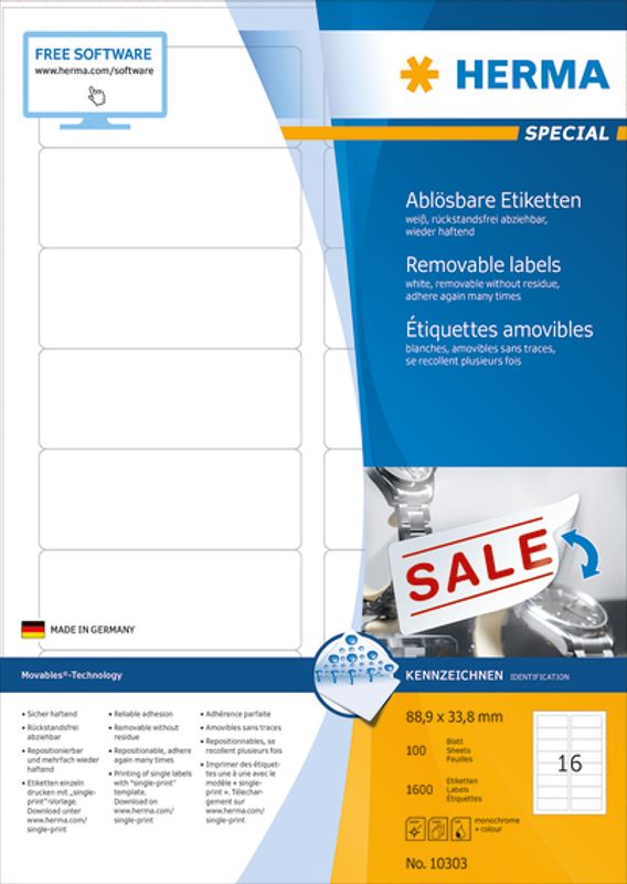 MOVABLES avtagbare etiketter A4 100 ark 88.9x33.8 (1600 stk)