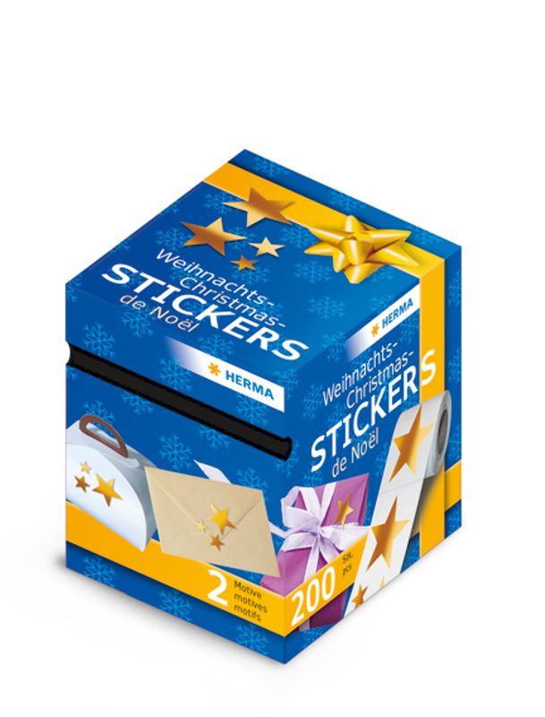 Juleetiketter, Stjerner gullfolie, 2 motiver (200 stk)