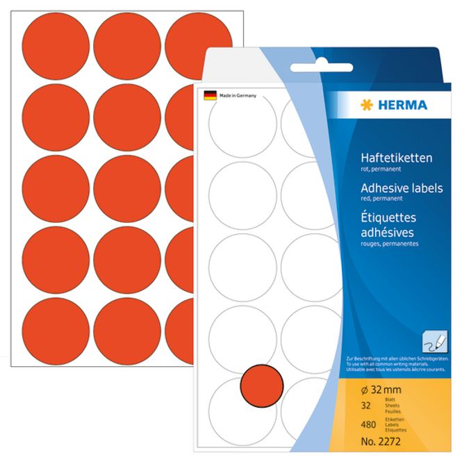Hovedbilde HERMA runde etiketter, Ø32 mm, rød (480 stk)
