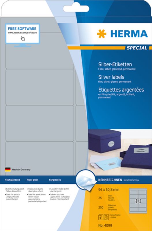 SPECIAL sølv etiketter glossy, 25 ark, 96x50,8 mm (250 stk)