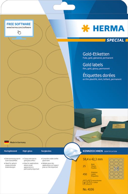 SPECIAL gull etiketter glossy, 25 ark, 58,4x42,3 mm (450 stk)