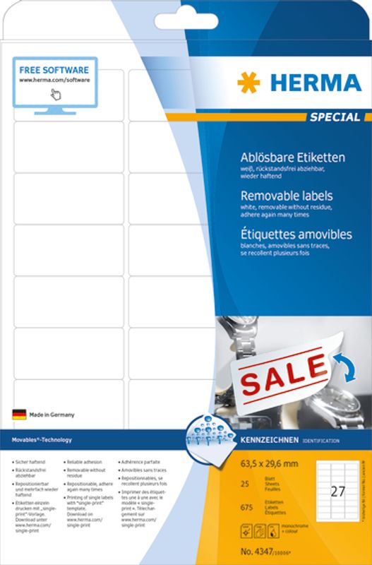 SPECIAL avtagbare etiketter, 25 ark 63.5x29.6 (675 stk)