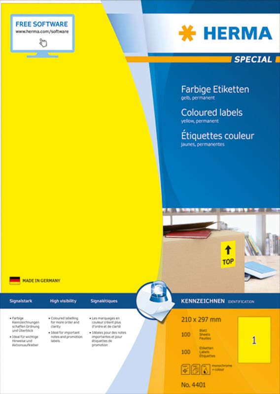 SPECIAL fargede selvklebende ark, A4, 210x297 gul (100 stk)