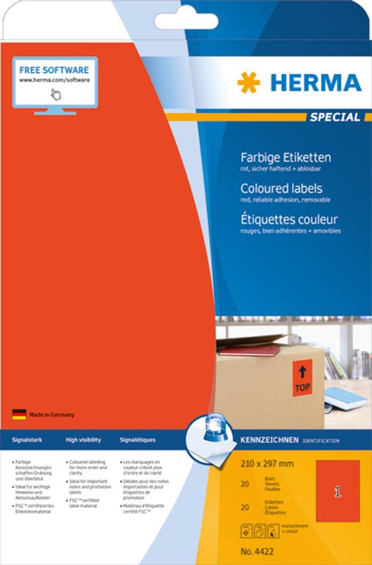 SPECIAL fargede selvklebende ark, A4, 210x297 rød (20 stk)