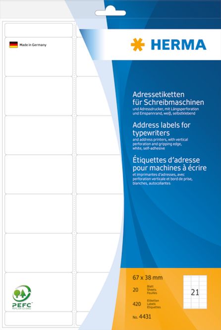 Hovedbilde Adresseetiketter, perforert 20ark, A4, 67x38 (420 ...
