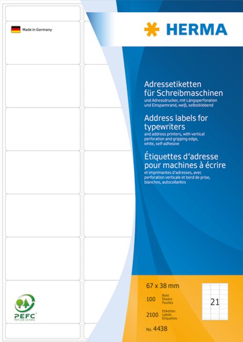 Hovedbilde Adresseetiketter, perforert 100 ark, A4, 67x38 ...