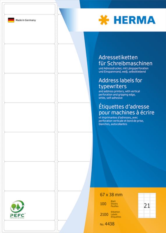 Adresseetiketter, perforert 100 ark, A4, 67x38 (2100 stk)