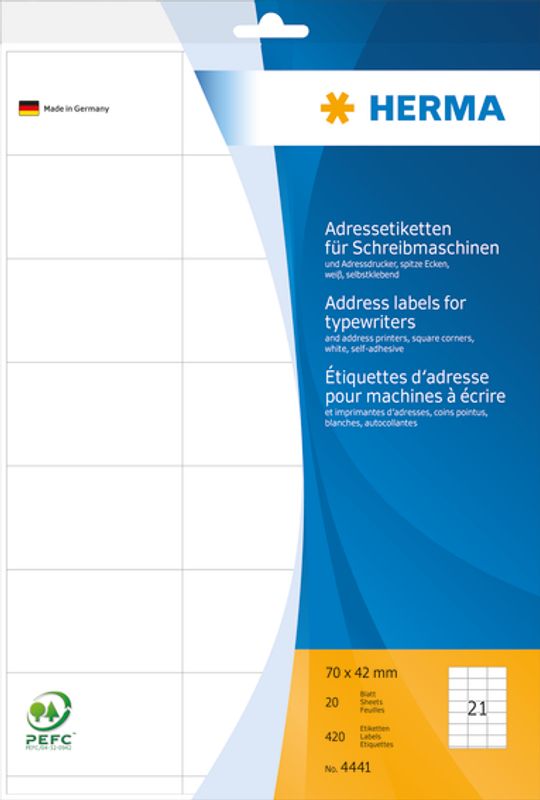 Adresseetiketter spisse kanter 20 ark, A4 70x42 (420 stk)