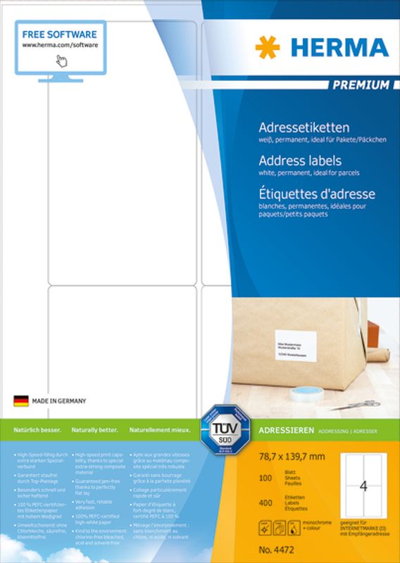 PREMIUM adresseetiketter, 100 ark 78.7x139.7 (400 stk)