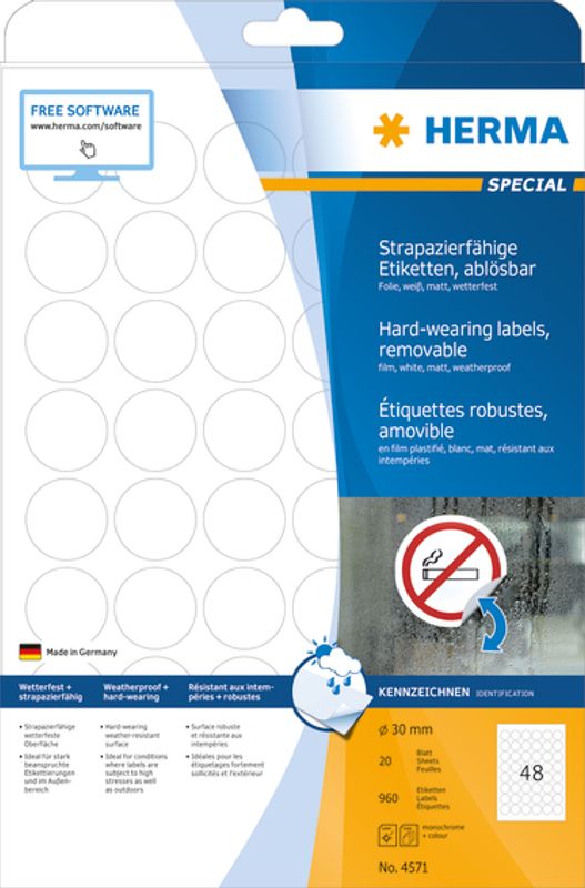 SPECIAL slitesterke etiketter, avtagbar, 20ark Ø30 (960 stk)