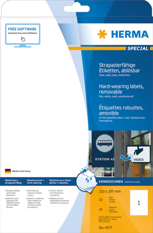 SPECIAL slitesterke etiketter, avtagbar, 20ark 210x297 (20 stk)