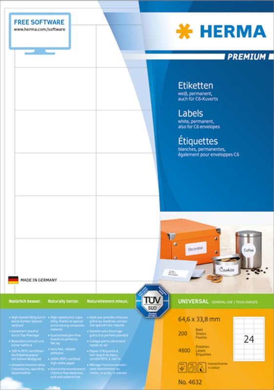 PREMIUM universaletiketter, papir, 200 ark 64.6x33.8 (4800 stk)