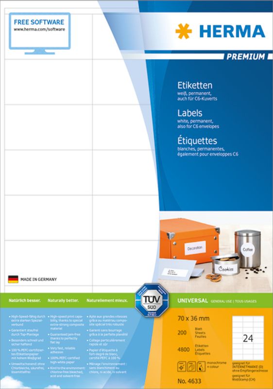 PREMIUM universaletiketter, papir, 200 ark 70x36 (4800 stk)