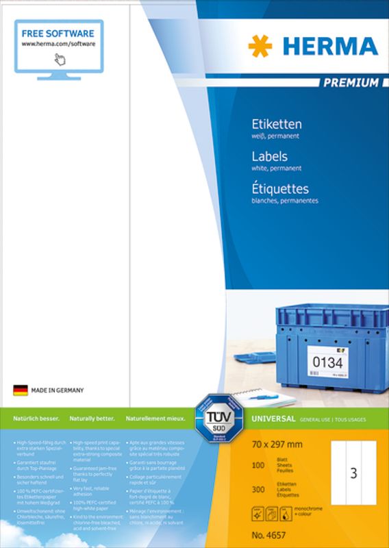 PREMIUM universaletiketter, papir, 100 ark 70x297 (300 stk)