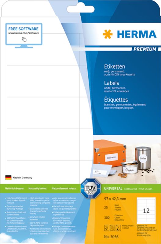 PREMIUM universaletiketter, papir, 25 ark 96.5x42.3 (300 stk)