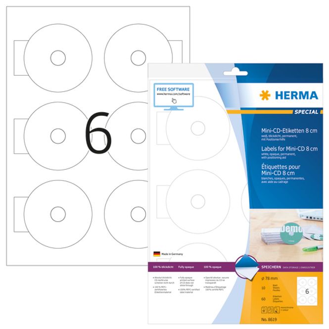 Hovedbilde SPECIAL CD-label mini, 10 ark, Ø78 mm, hvit (60 ...