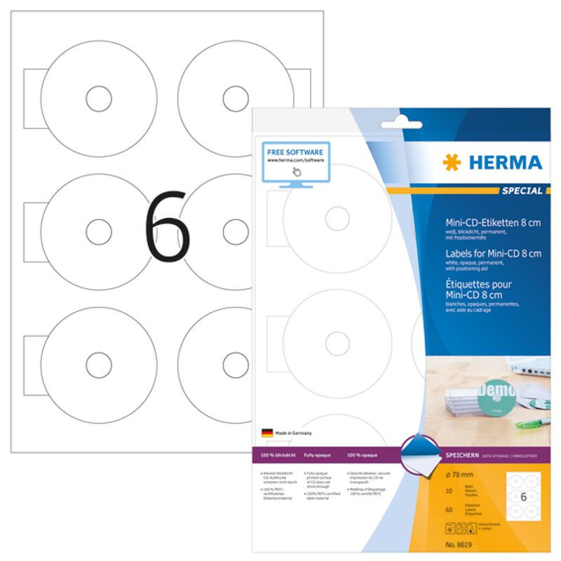 SPECIAL CD-label mini, 10 ark, Ø78 mm, hvit (60 stk)