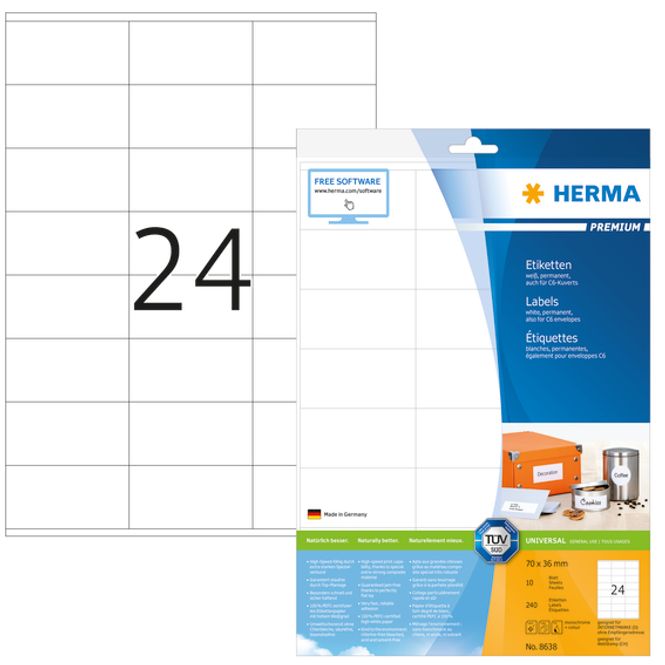 Hovedbilde PREMIUM universaletiketter, papir, 10 ark 70x36 ...