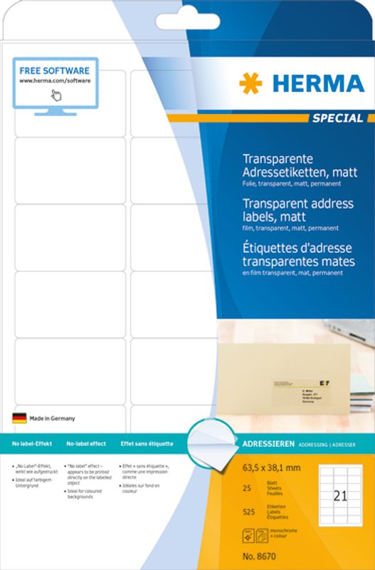 SPECIAL transparente etiketter, matt, 25ark 63.5x38.1 (525 stk)