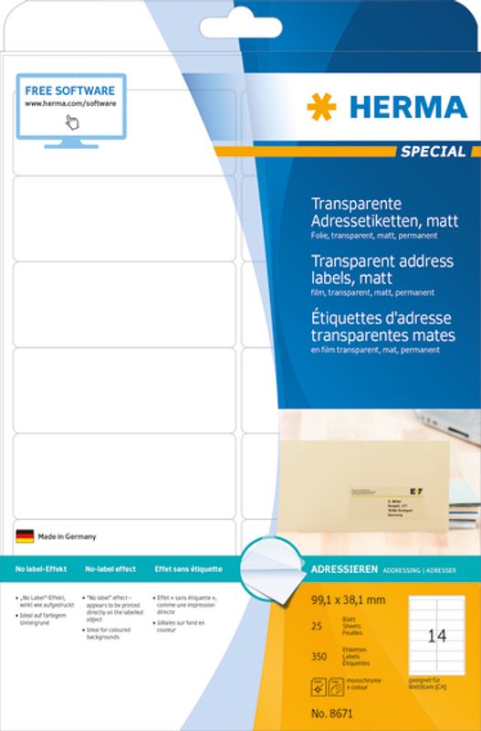 SPECIAL transparente etiketter, matt, 25ark 99,1x 38,1 (350 stk)