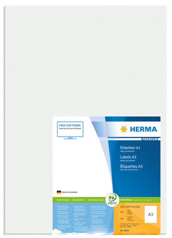 PREMIUM universaletiketter, A3, 100 ark, 420x297 mm (100 stk)