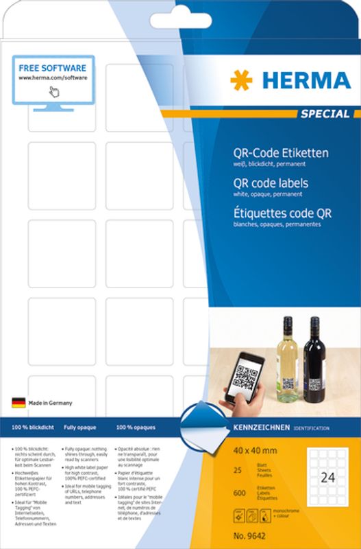 SPECIAL QR-kode etiketter 40x40 mm, opak, 25 ark (600 stk )